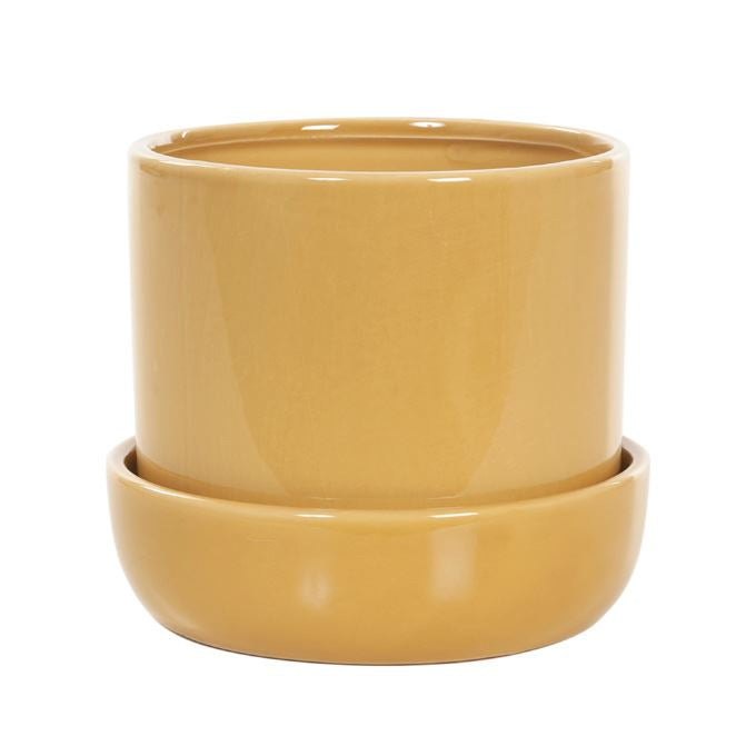Bloempot mosterdgeel met vaste schotel S