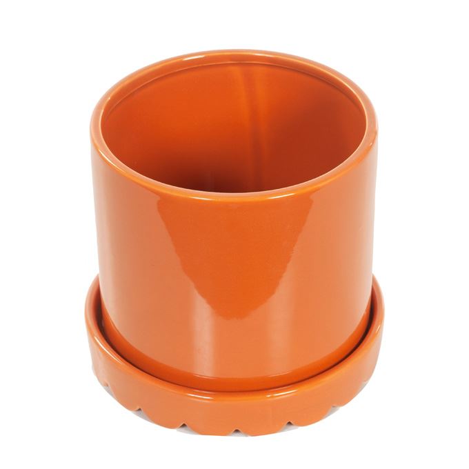 Bloempot oranje met vaste schotel en randje