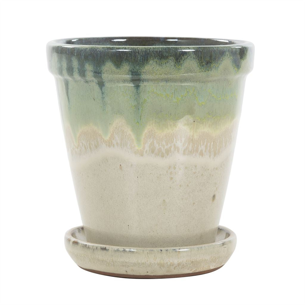 Bloempot beige- groen met schotel