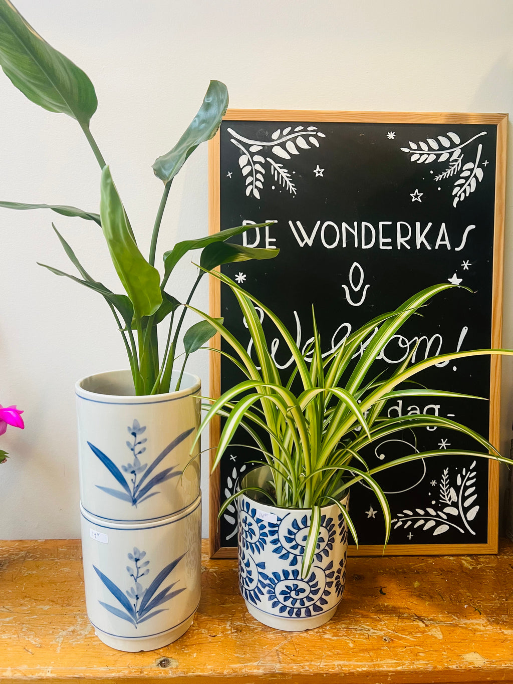 Bloempot wit met blauwe tekening