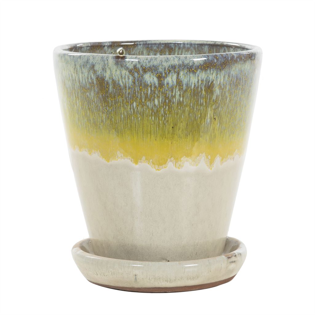 Bloempot beige- geel- groen met vaste schotel
